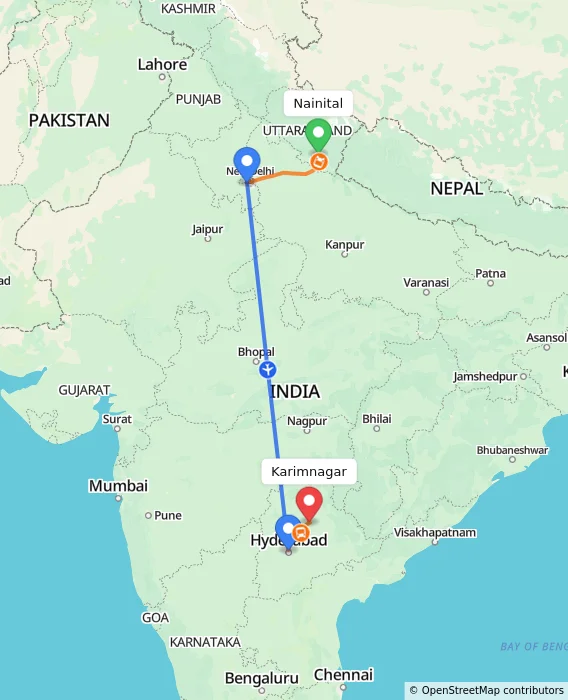 Route map showing distance and travel time from Nainital, India to Karimnagar, India