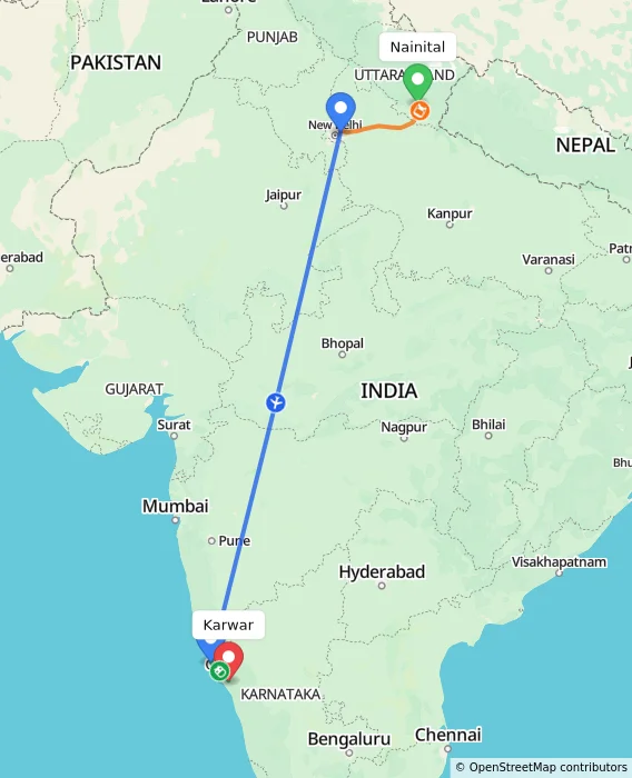 Route map showing distance and travel time from Nainital, India to Karwar, India