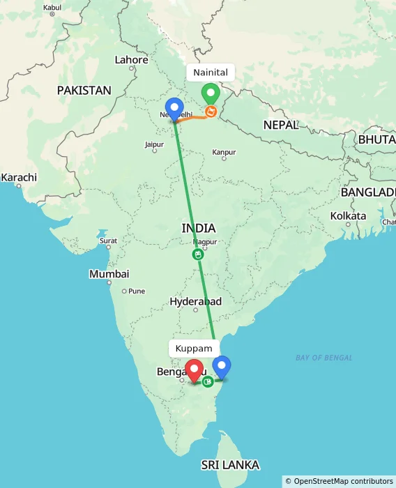 Route map showing distance and travel time from Nainital, India to Kuppam, India