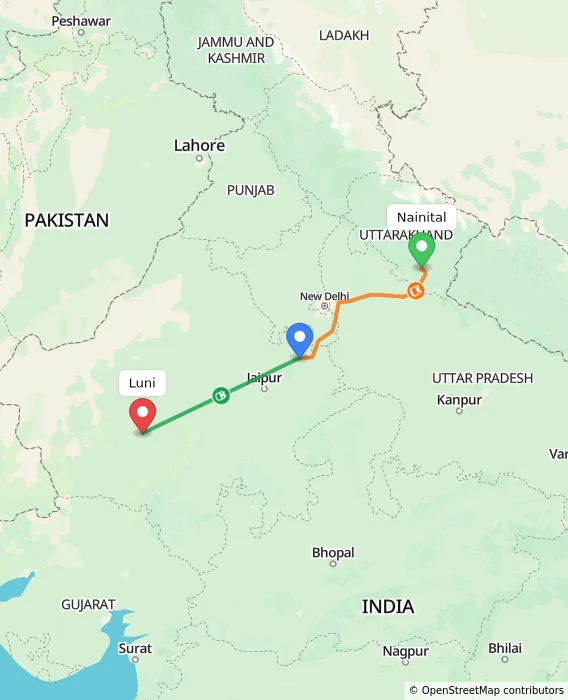 Route map showing distance and travel time from Nainital, India to Luni, India