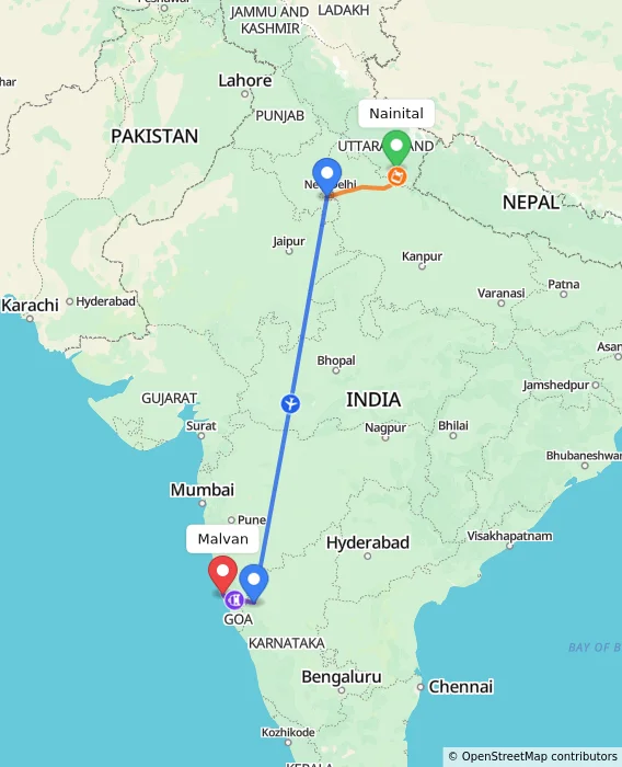 Route map showing distance and travel time from Nainital, India to Malvan, India