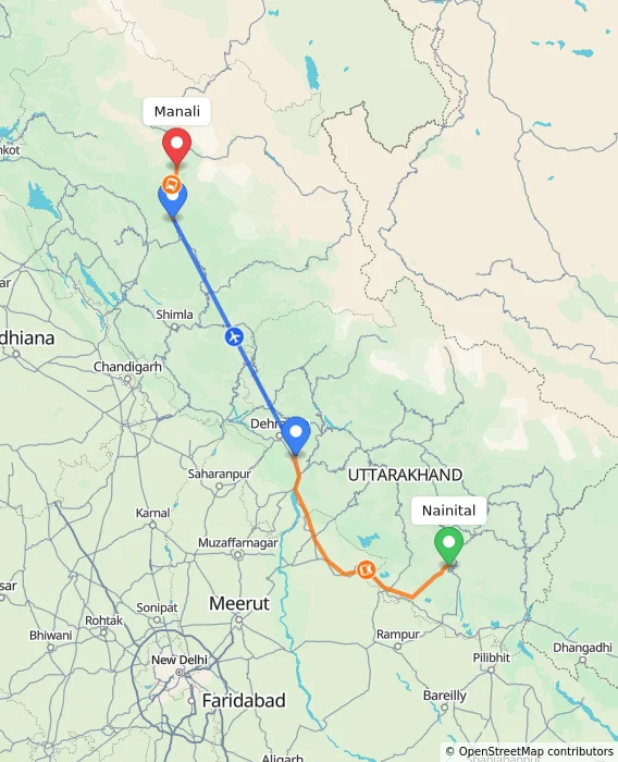Route map showing distance and travel time from Nainital, India to Manali, India