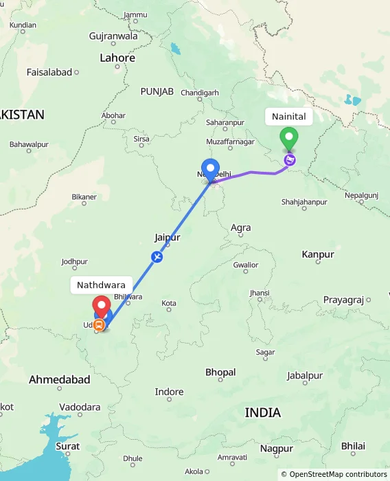 Route map showing distance and travel time from Nainital, India to Nathdwara, India