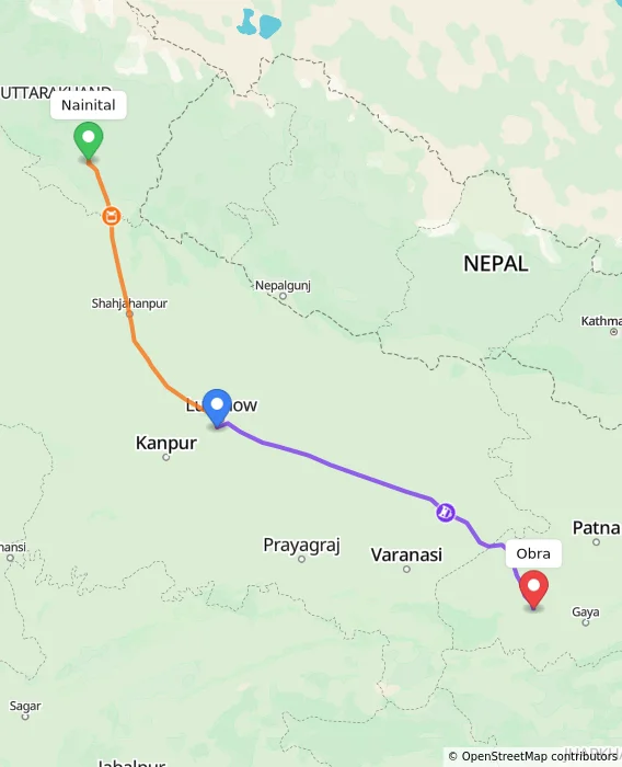 Route map showing distance and travel time from Nainital, India to Obra, India