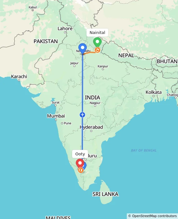 Route map showing distance and travel time from Nainital, India to Ooty, India