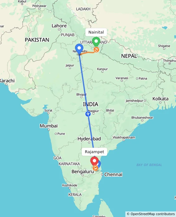 Route map showing distance and travel time from Nainital, India to Rajampet, India