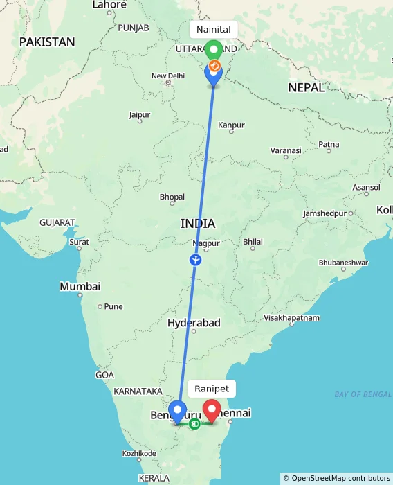 Route map showing distance and travel time from Nainital, India to Ranipet, India