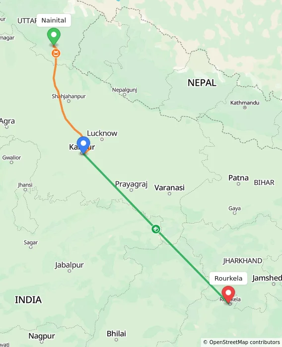 Route map showing distance and travel time from Nainital, India to Rourkela, India
