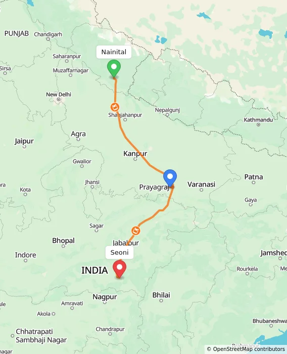 Route map showing distance and travel time from Nainital, India to Seoni, India