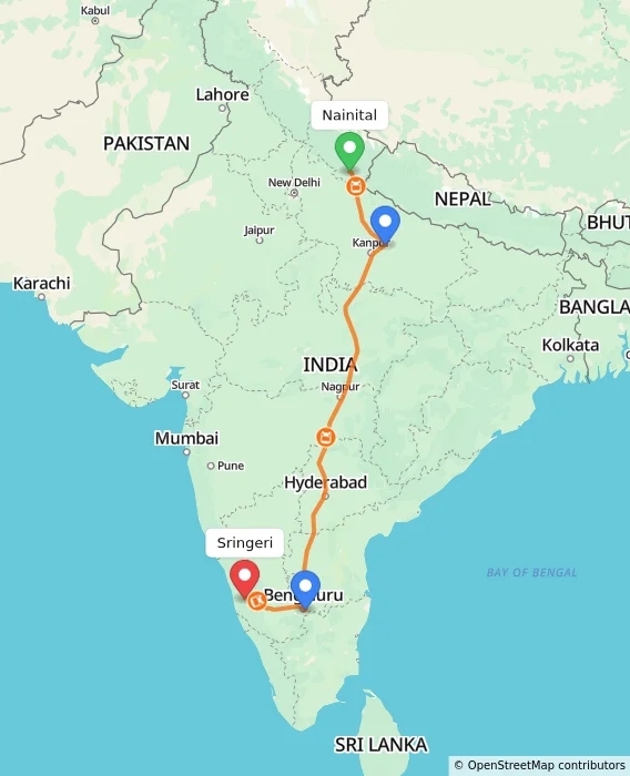 Route map showing distance and travel time from Nainital, India to Sringeri, India