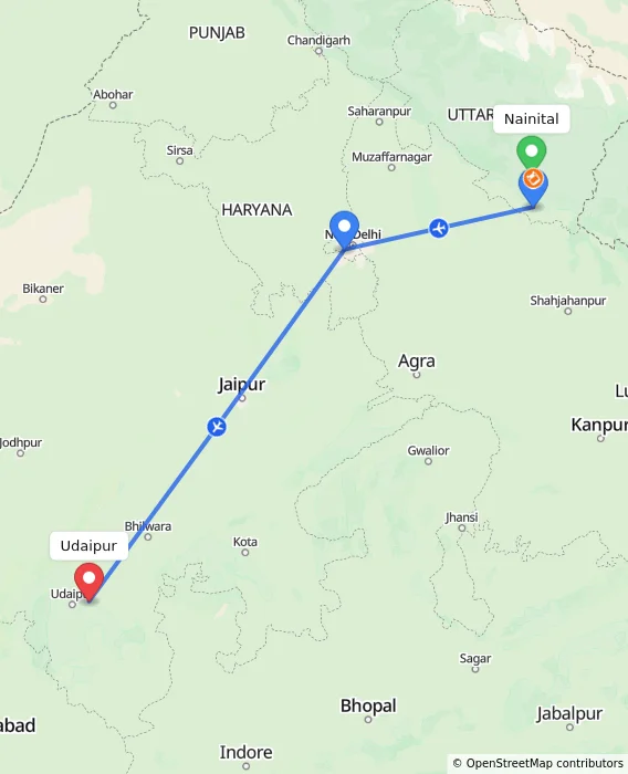 Route map showing distance and travel time from Nainital, India to Udaipur, India