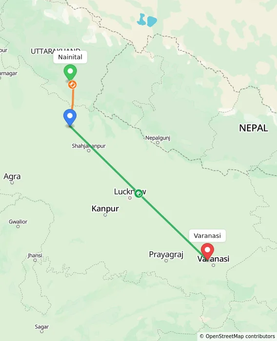 Route map showing distance and travel time from Nainital, India to Varanasi, India