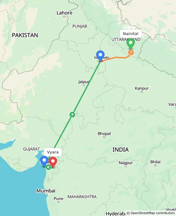Route map showing distance and travel time from Nainital, India to Vyara, India