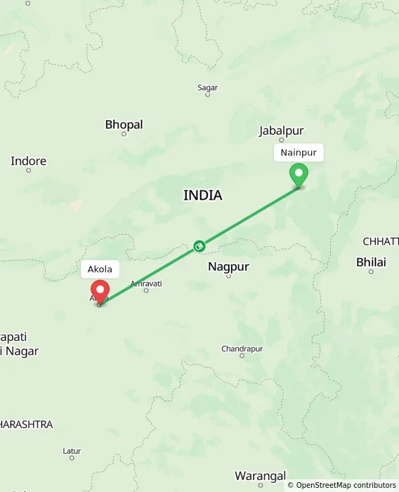 Route map showing distance and travel time from Nainpur, India to Akola, India
