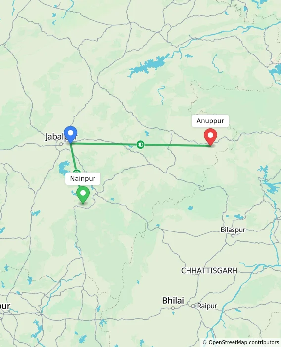 Route map showing distance and travel time from Nainpur, India to Anuppur, India