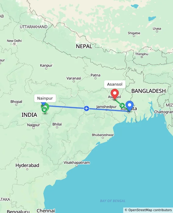 Route map showing distance and travel time from Nainpur, India to Asansol, India