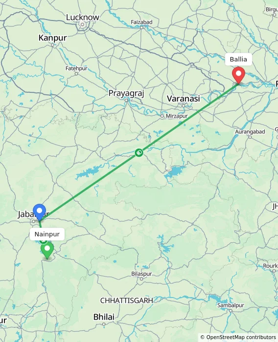 Route map showing distance and travel time from Nainpur, India to Ballia, India