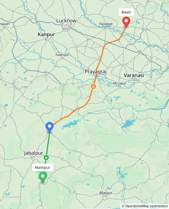 Route map showing distance and travel time from Nainpur, India to Basti, India