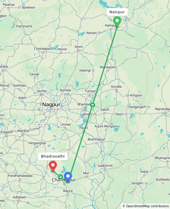Route map showing distance and travel time from Nainpur, India to Bhadravathi, India