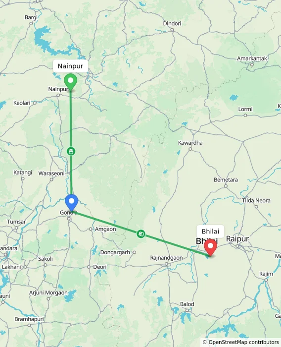 Route map showing distance and travel time from Nainpur, India to Bhilai, India