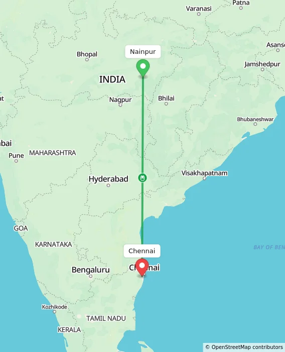 Route map showing distance and travel time from Nainpur, India to Chennai, India