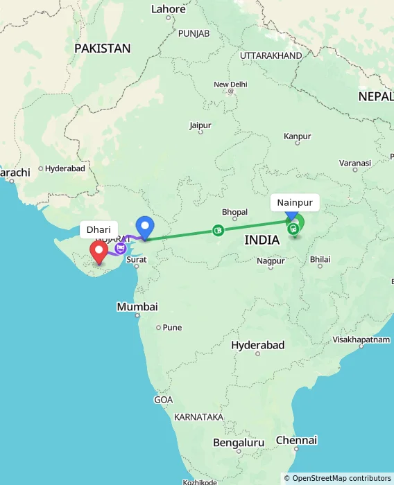 Route map showing distance and travel time from Nainpur, India to Dhari, India