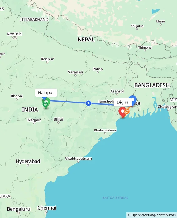 Route map showing distance and travel time from Nainpur, India to Digha, India