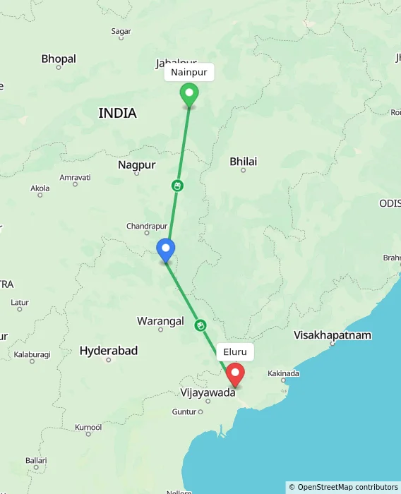 Route map showing distance and travel time from Nainpur, India to Eluru, India