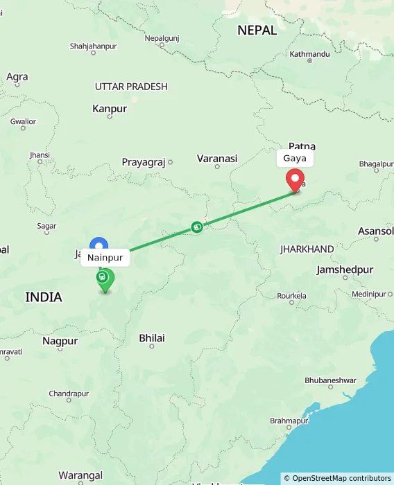 Route map showing distance and travel time from Nainpur, India to Gaya, India