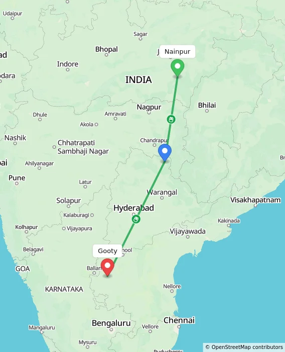 Route map showing distance and travel time from Nainpur, India to Gooty, India