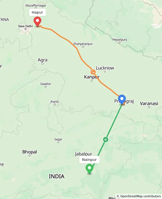 Route map showing distance and travel time from Nainpur, India to Hapur, India