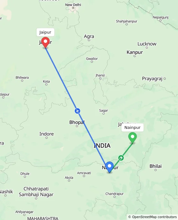 Route map showing distance and travel time from Nainpur, India to Jaipur, India