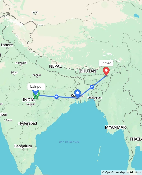 Route map showing distance and travel time from Nainpur, India to Jorhat, India