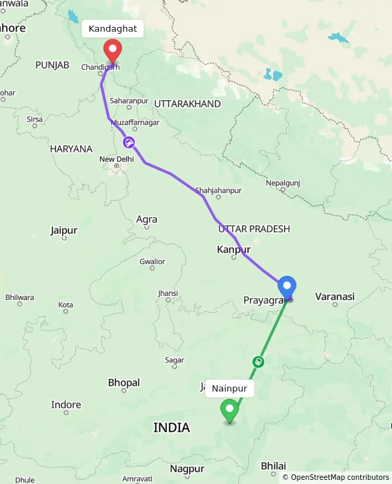 Route map showing distance and travel time from Nainpur, India to Kandaghat, India