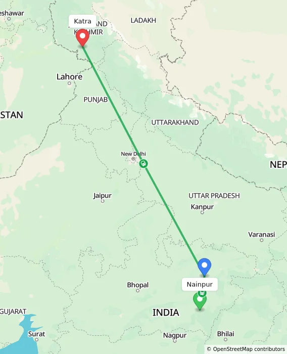 Route map showing distance and travel time from Nainpur, India to Katra, India