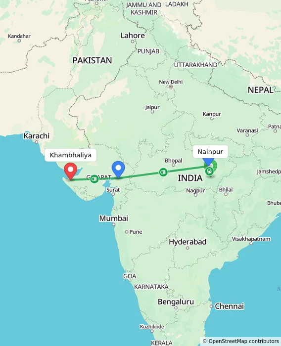 Route map showing distance and travel time from Nainpur, India to Khambhaliya, India