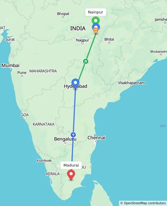 Route map showing distance and travel time from Nainpur, India to Madurai, India