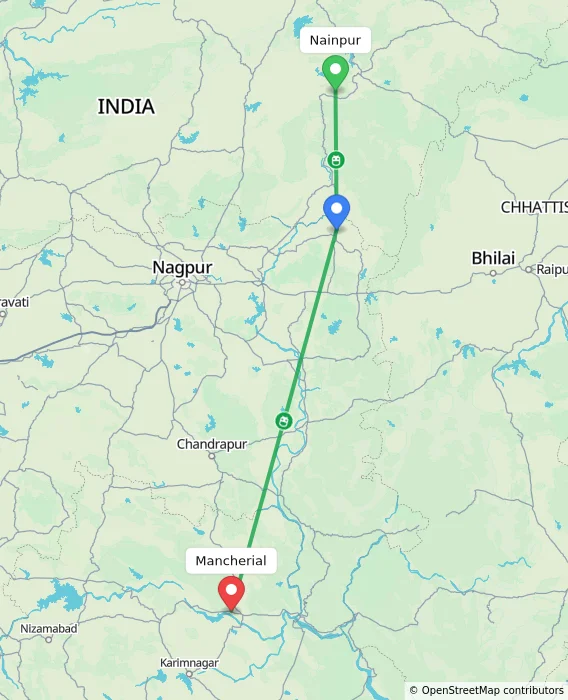 Route map showing distance and travel time from Nainpur, India to Mancherial, India