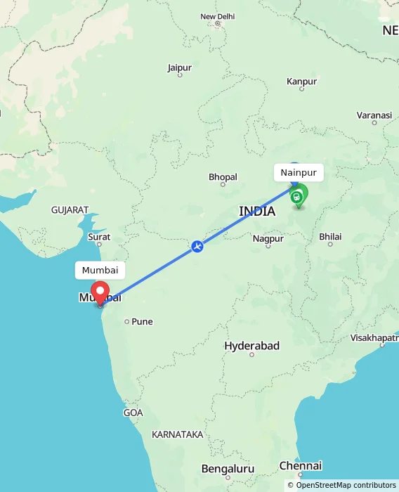 Route map showing distance and travel time from Nainpur, India to Mumbai, India