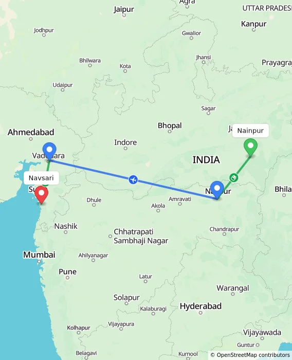 Route map showing distance and travel time from Nainpur, India to Navsari, India