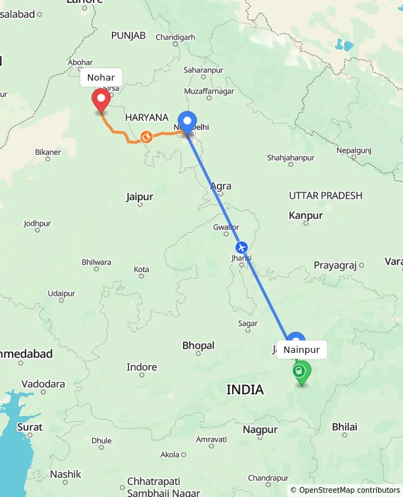 Route map showing distance and travel time from Nainpur, India to Nohar, India