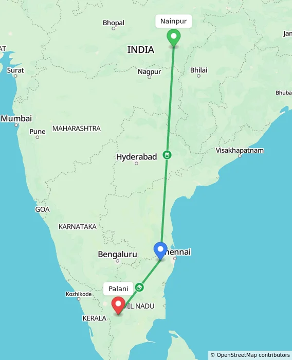 Route map showing distance and travel time from Nainpur, India to Palani, India