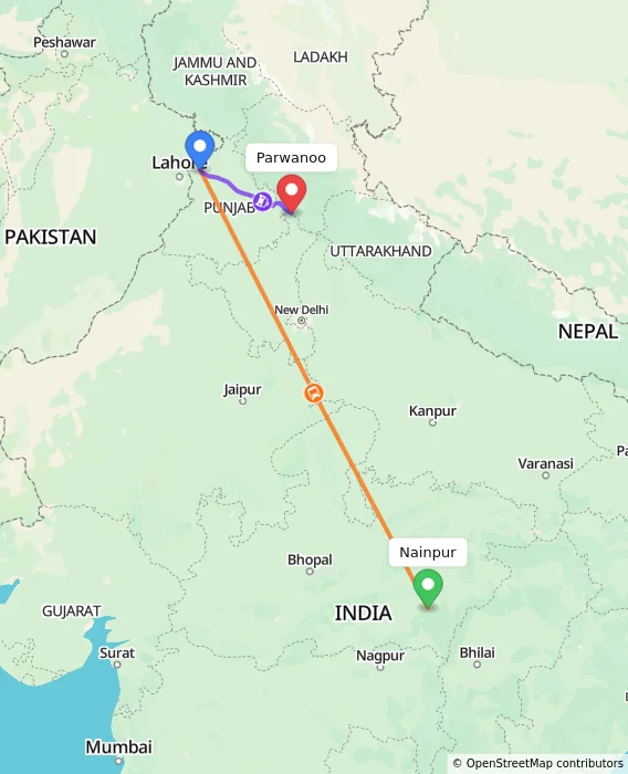 Route map showing distance and travel time from Nainpur, India to Parwanoo, India