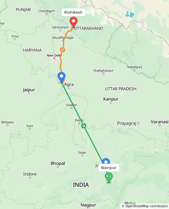 Route map showing distance and travel time from Nainpur, India to Rishikesh, India