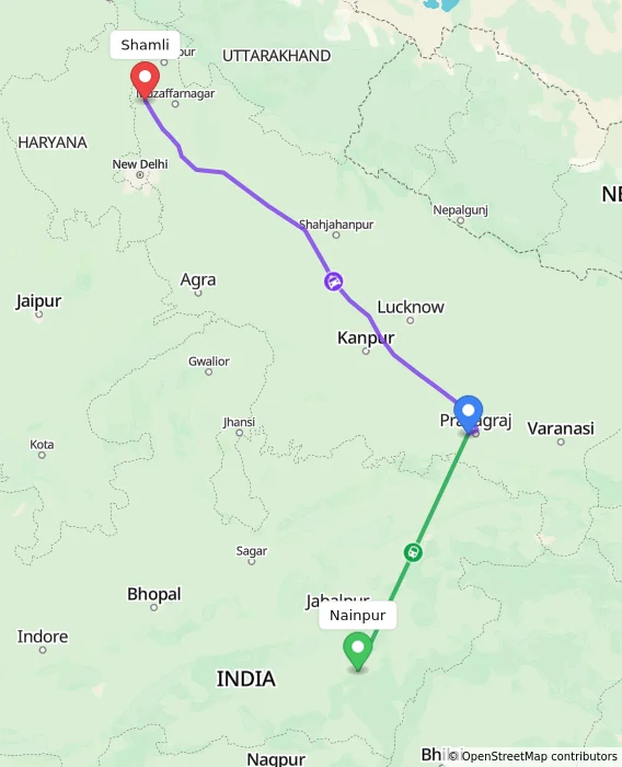 Route map showing distance and travel time from Nainpur, India to Shamli, India