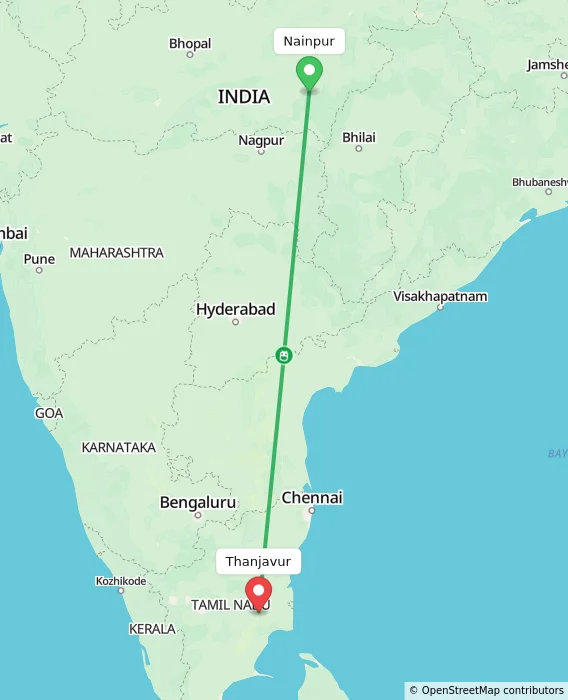 Route map showing distance and travel time from Nainpur, India to Thanjavur, India
