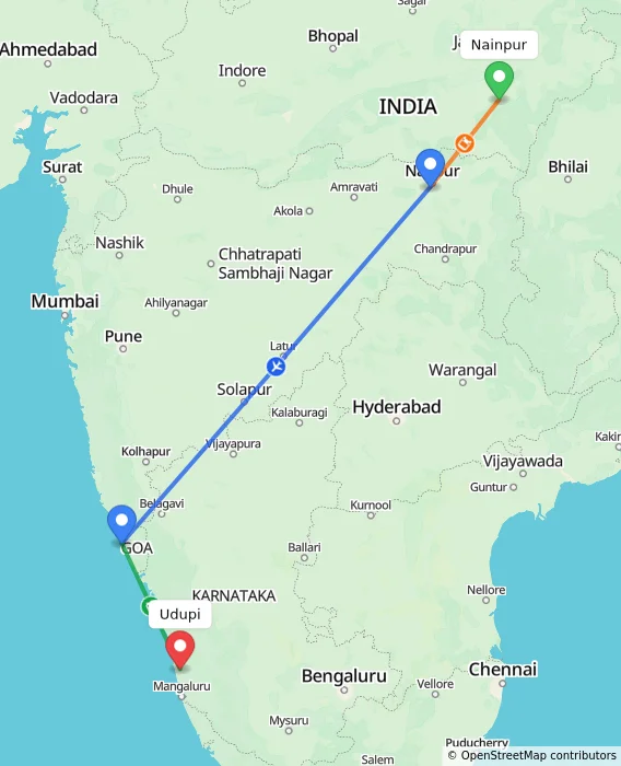 Route map showing distance and travel time from Nainpur, India to Udupi, India