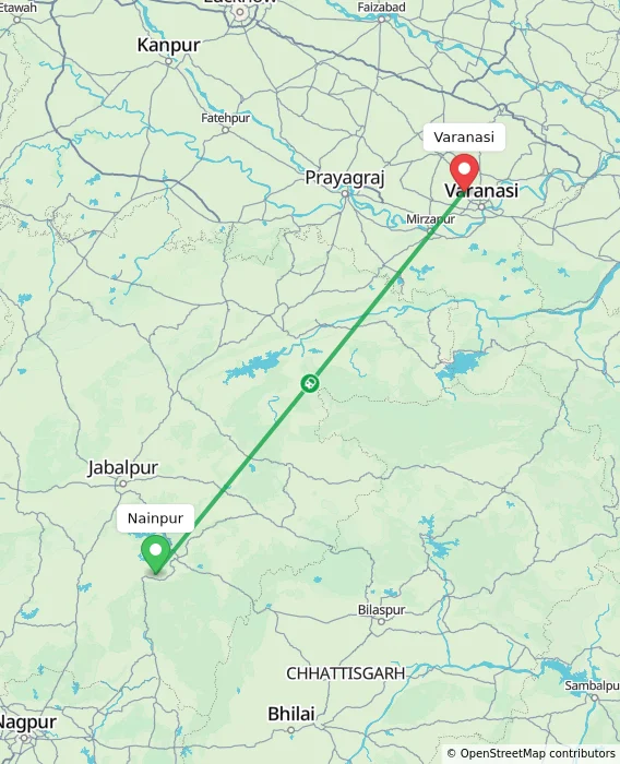Route map showing distance and travel time from Nainpur, India to Varanasi, India