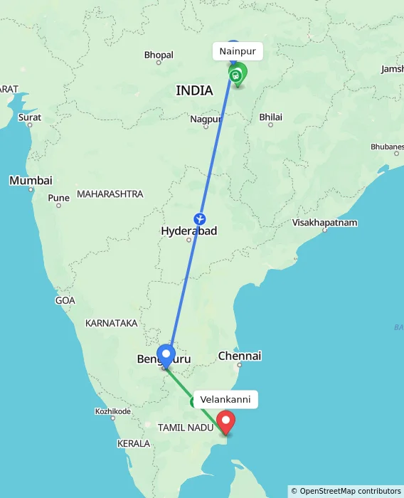Route map showing distance and travel time from Nainpur, India to Velankanni, India
