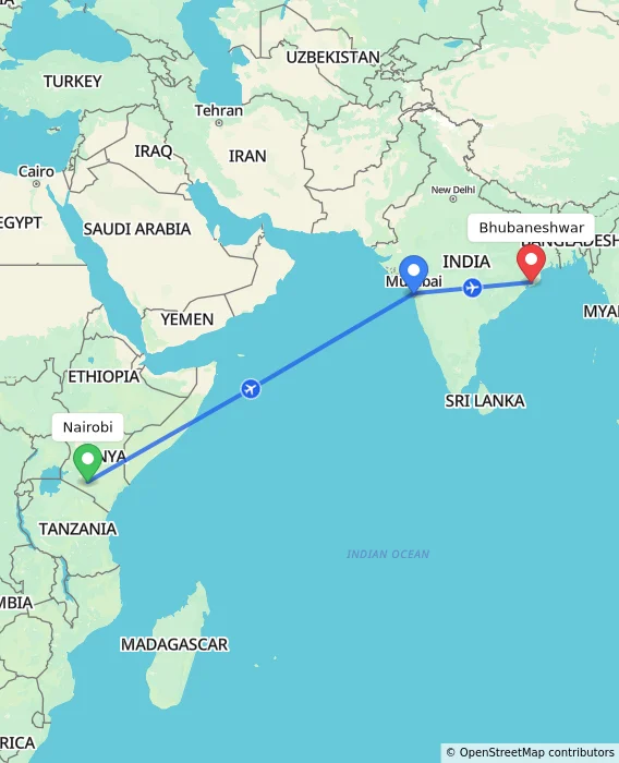 Route map showing distance and travel time from Nairobi, Kenya to Bhubaneshwar, India